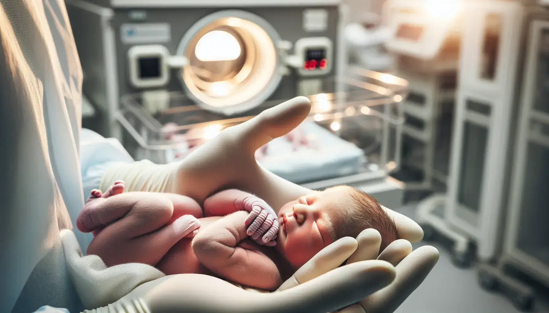 Manos enguantadas de profesional de la salud sosteniendo con cuidado a un recién nacido envuelto en manta blanca, con fondo desenfocado de incubadora.