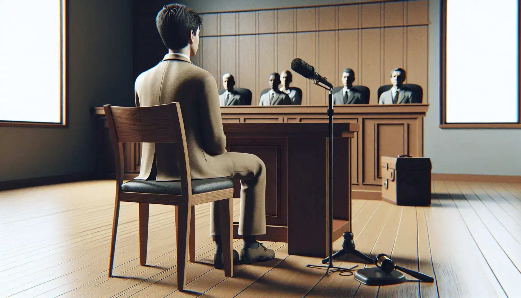 Professional forensic psychologist testifies in courtroom, sitting at witness stand with microphone in front, attentive jury in background.