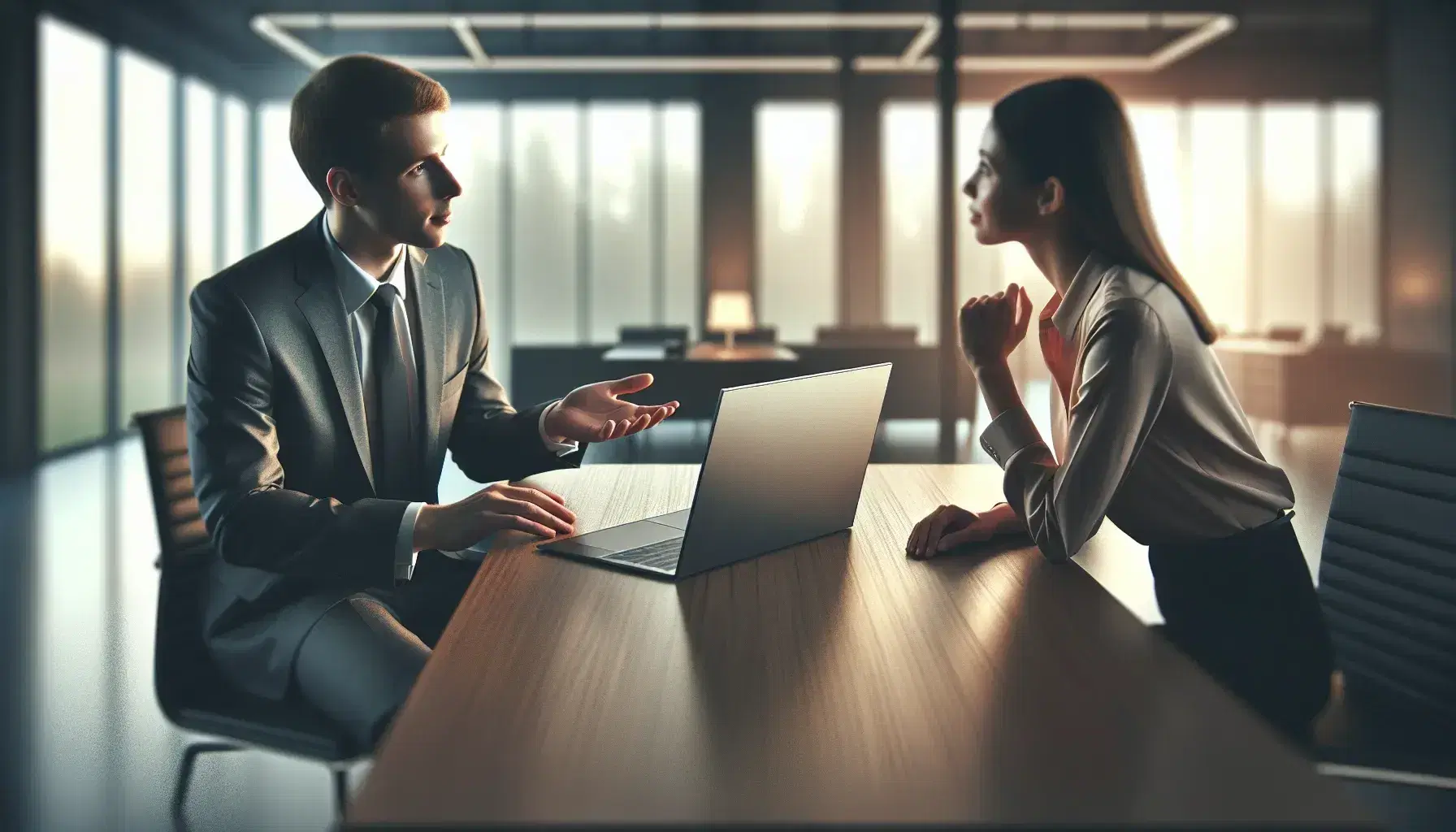 Salesperson in dark suit presents modern silver laptop to attentive client in light blouse, seated at polished table in sunlit office setting.