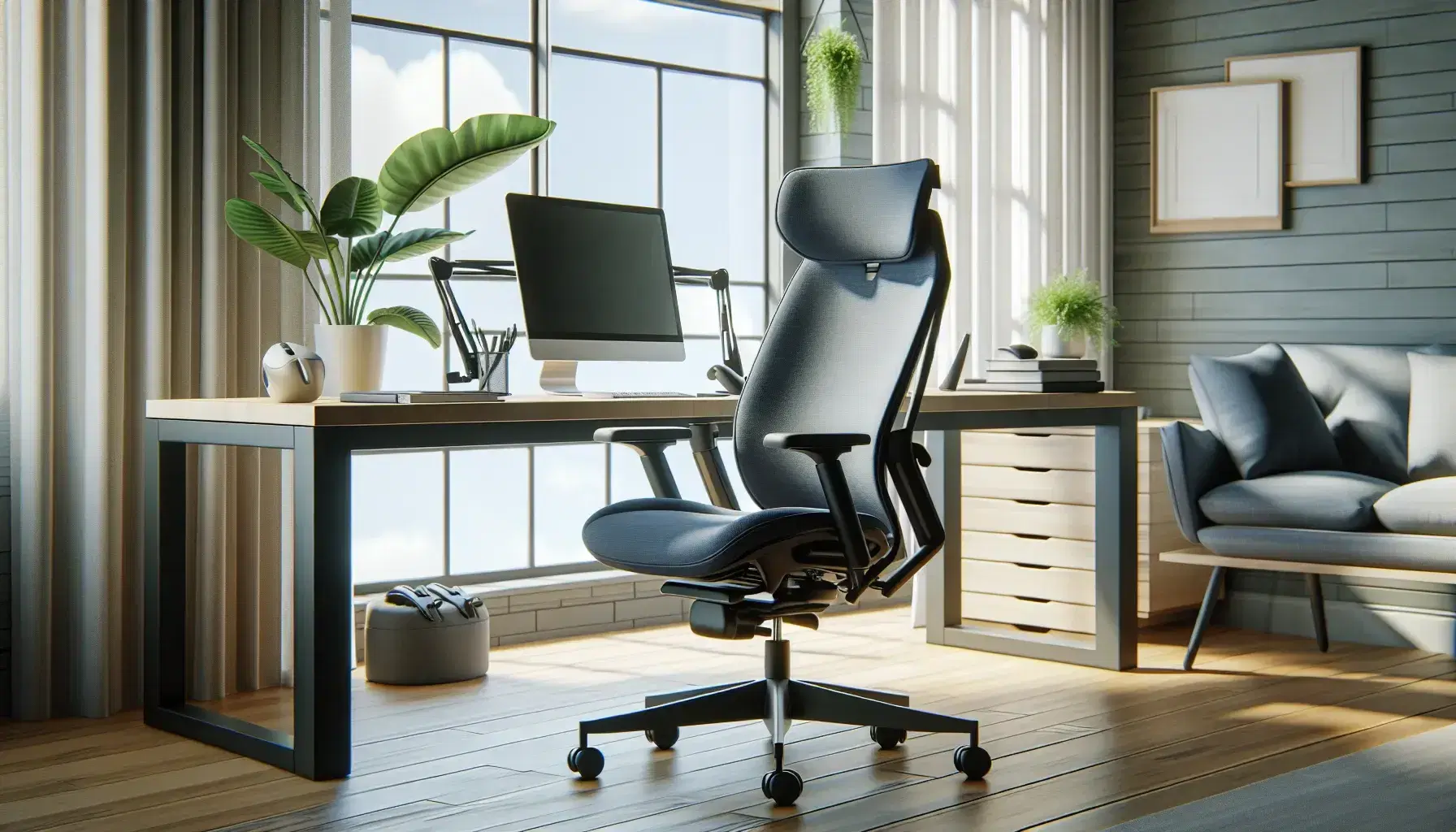 Oficina moderna y luminosa con silla ergonómica azul, escritorio con monitor a nivel de ojos, teclado inalámbrico, ratón ergonómico y planta verde, junto a ventana grande.