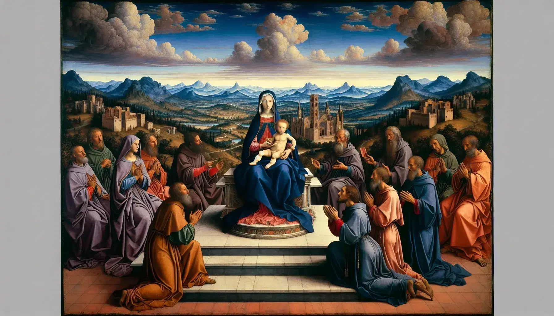 Riproduzione di un dipinto rinascimentale 'Sacra Conversazione' con Madonna in abiti blu e rosso, bambino e santi con attributi iconici su sfondo paesaggistico.