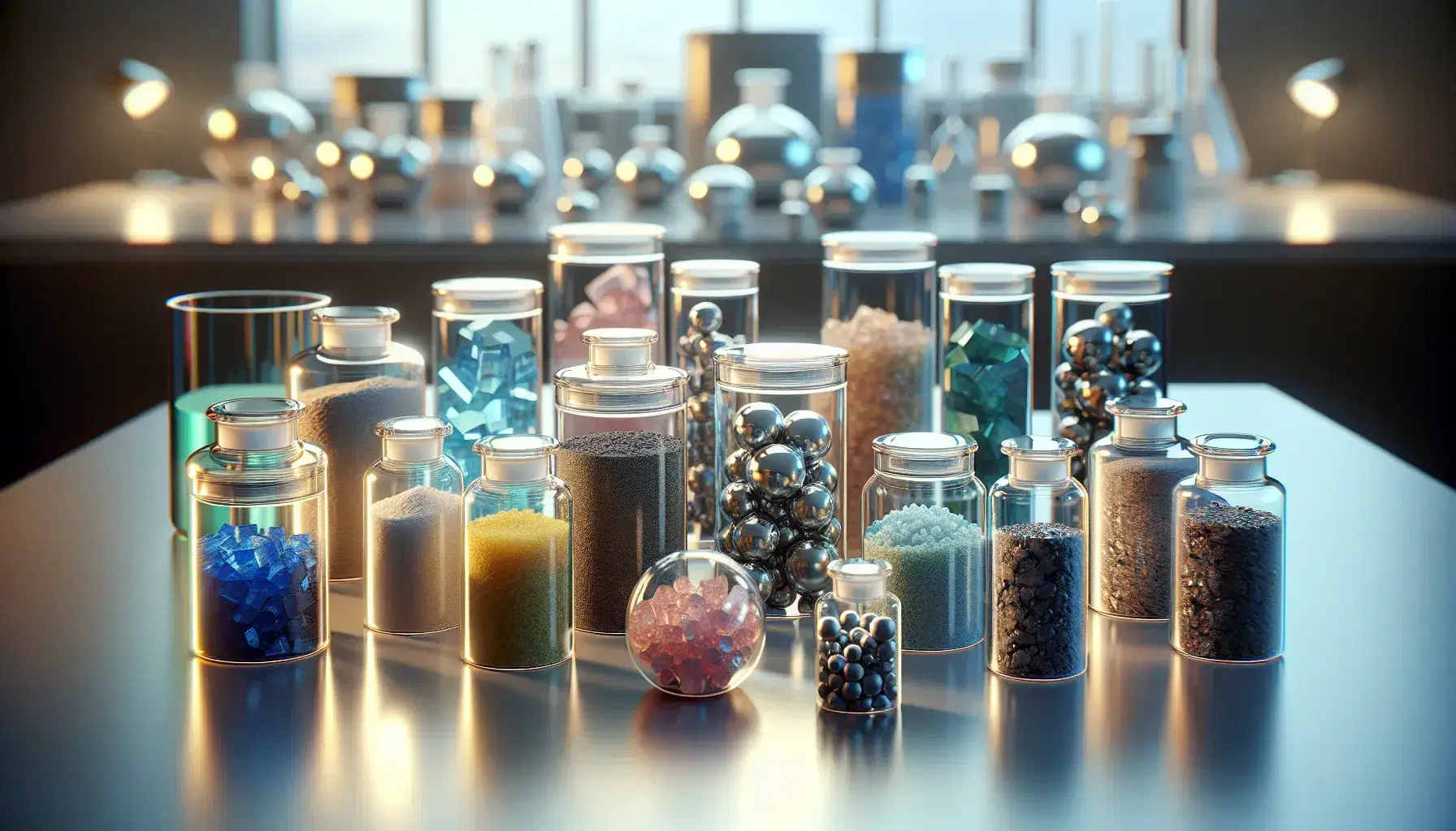 Frascos de vidrio transparentes con sustancias de colores variados en un laboratorio, dispuestos en filas sobre una mesa clara.