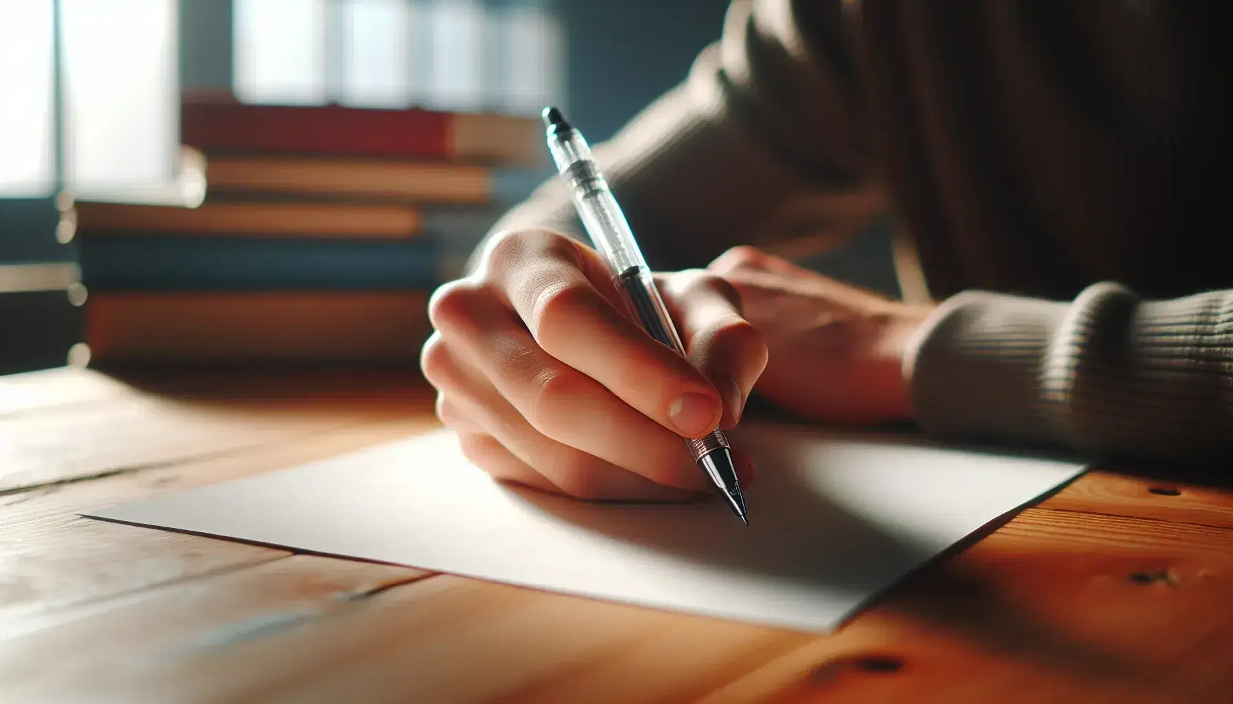 Close-up view of a hand holding a pen above a blank sheet on a wooden desk, with a stack of colorful books in the background.