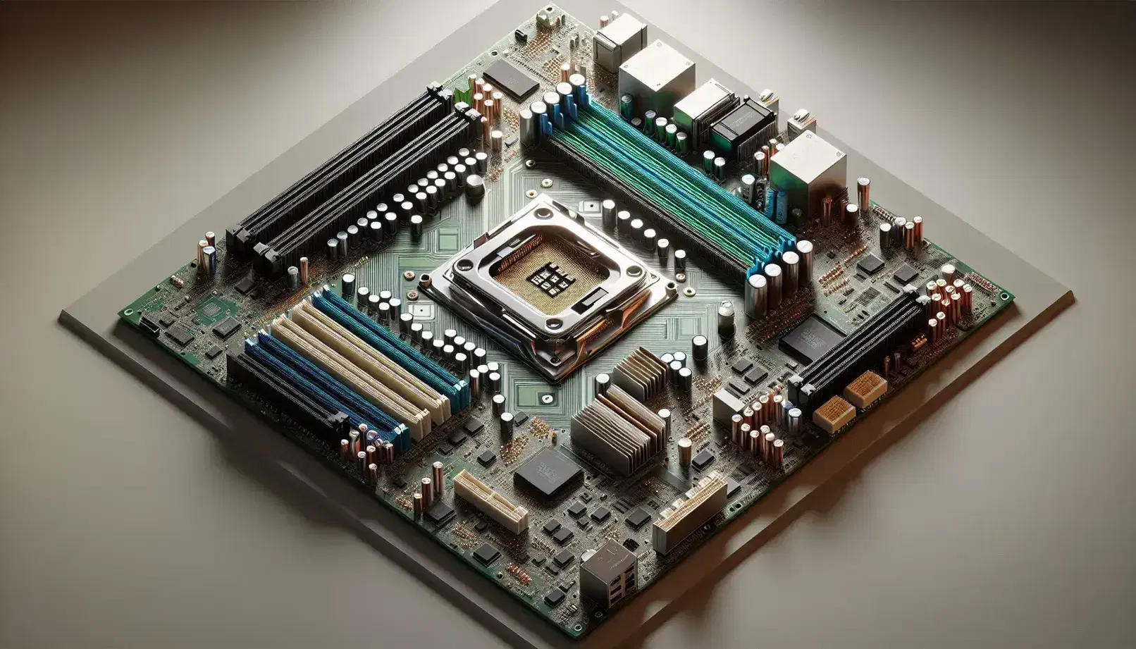 Placa base de computadora con procesador, dos módulos de RAM, slots PCI y puertos USB y de audio, destacando por su diseño en verdes y grises.