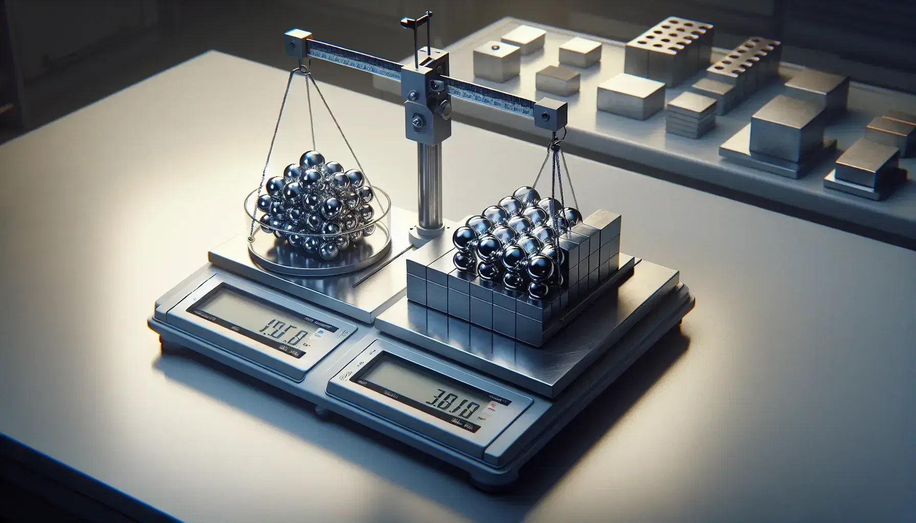 Bilancia analitica di precisione in laboratorio con contenitore di sfere metalliche e pesi calibrati su piatti.