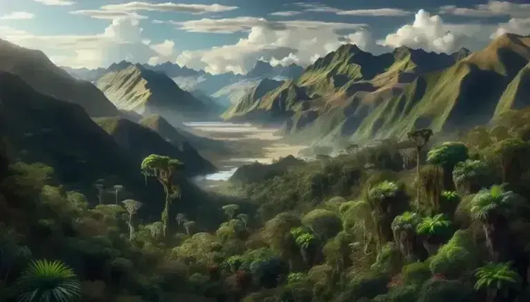 Vista panorámica de la selva amazónica peruana con frondosa vegetación verde, montañas andinas al fondo y un lago tranquilo reflejando el cielo azul.