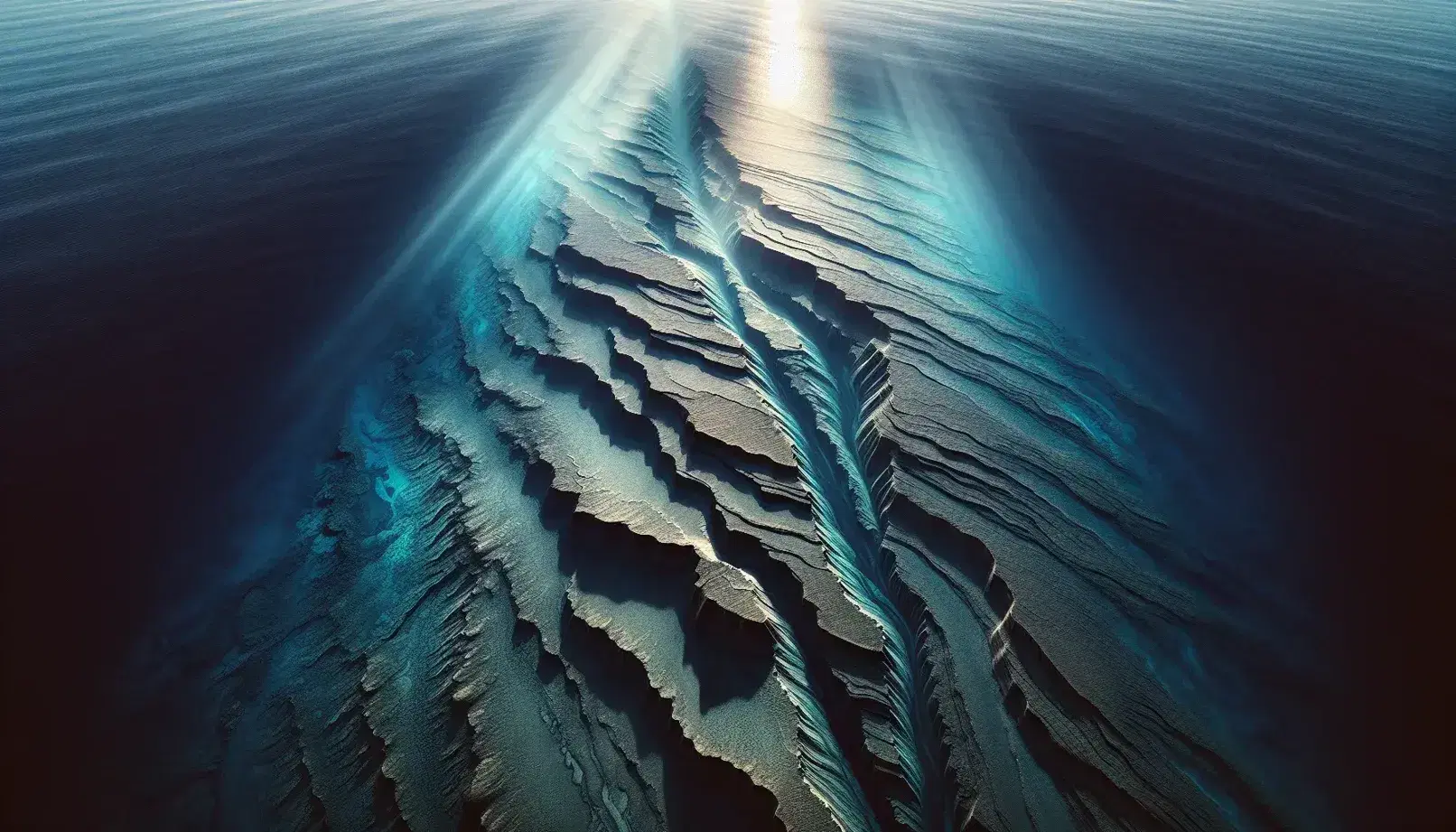 Vista aerea di una dorsale oceanica sottomarina con montagne e sedimenti in evidenza tra le sfumature di blu del mare cristallino.