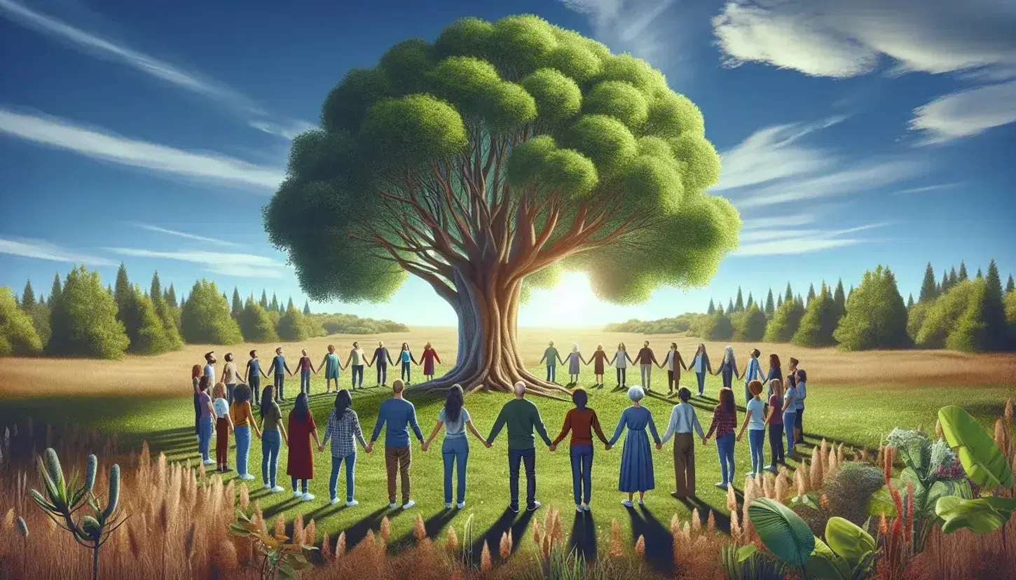 Grupo diverso de personas unidas en círculo alrededor de un árbol frondoso en un parque soleado, transmitiendo conexión y tranquilidad.