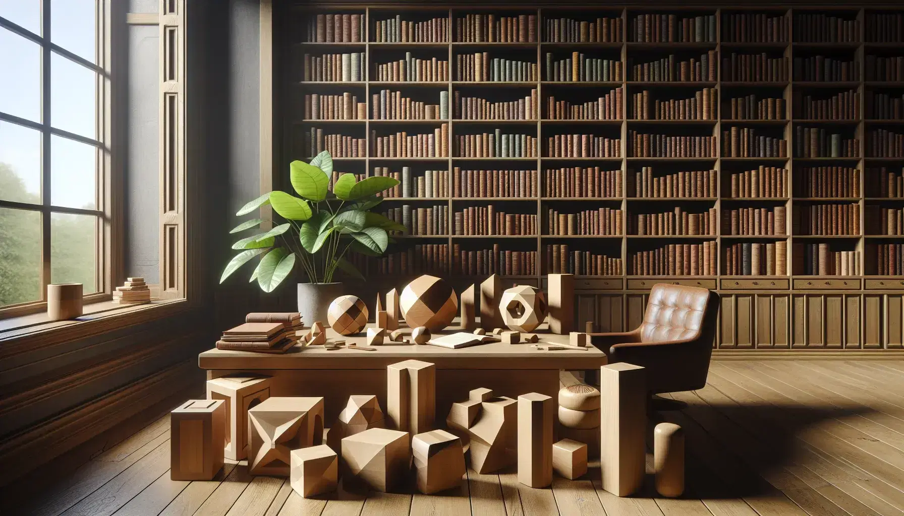 Quiet study with wooden desk, various geometric blocks, bookcase with bound books, green plant on windowsill and blue armchair.