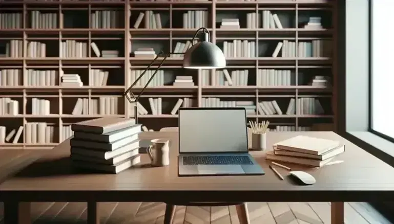 Biblioteca acogedora con estantes de madera llenos de libros, mesa de estudio con laptop, taza de café y planta, bajo luz cálida.