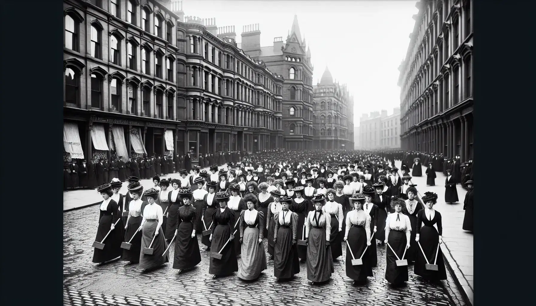 Women marching for women's suffrage on cobbled street, dressed in Edwardian style, with decorated placards and hats, early 20th century.
