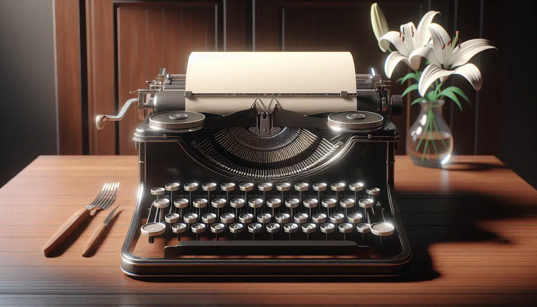 Vintage mid-20th-century black typewriter with round keys on a polished mahogany desk, blank paper inserted, and white lilies in a glass vase beside it.