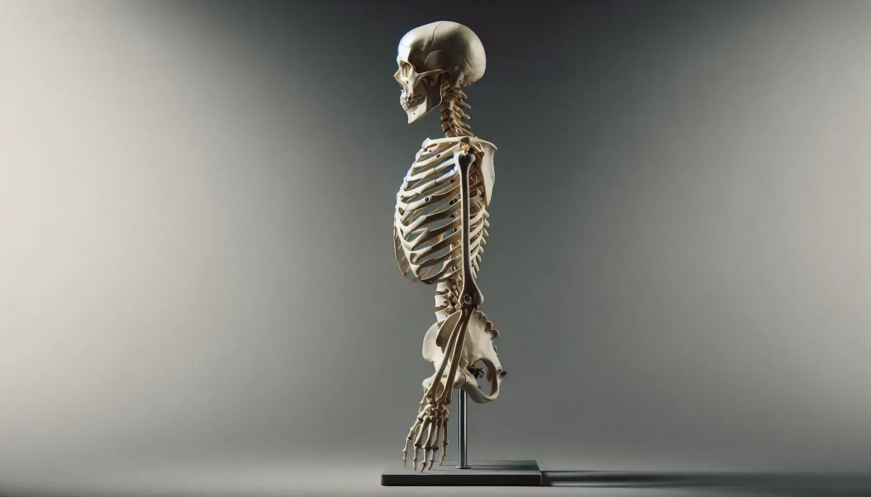 Esqueleto humano completo montado en soporte metálico, con vista lateral, mostrando detalle de huesos y articulaciones en fondo gris.