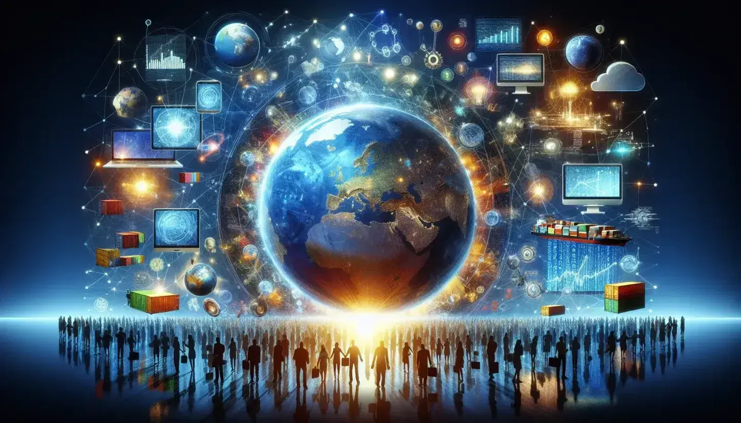 Globo centrale riflettente con persone di diverse etnie che si tengono per mano, dispositivi elettronici, reti globali e commercio internazionale.