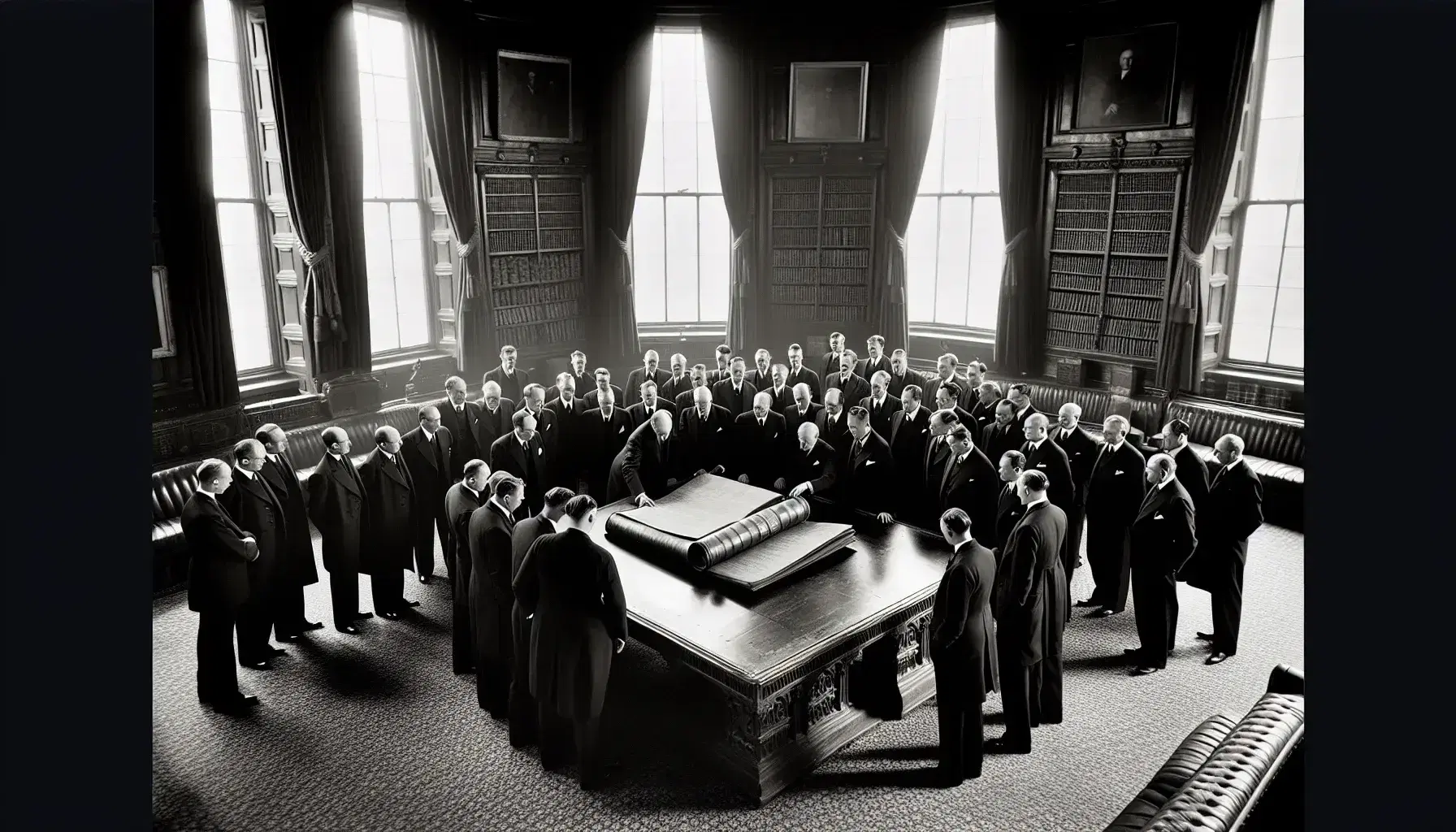 Historical 1940s photograph capturing British Parliament members examining the Beveridge Report in a wood-paneled room with sunlight streaming through tall windows.