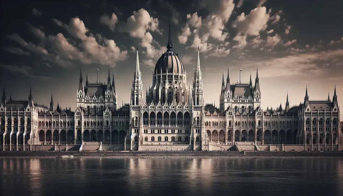 Parlamento di Budapest in stile neogotico sulle rive del Danubio, con cupola centrale e tetti rossi, riflesso nelle acque calme.