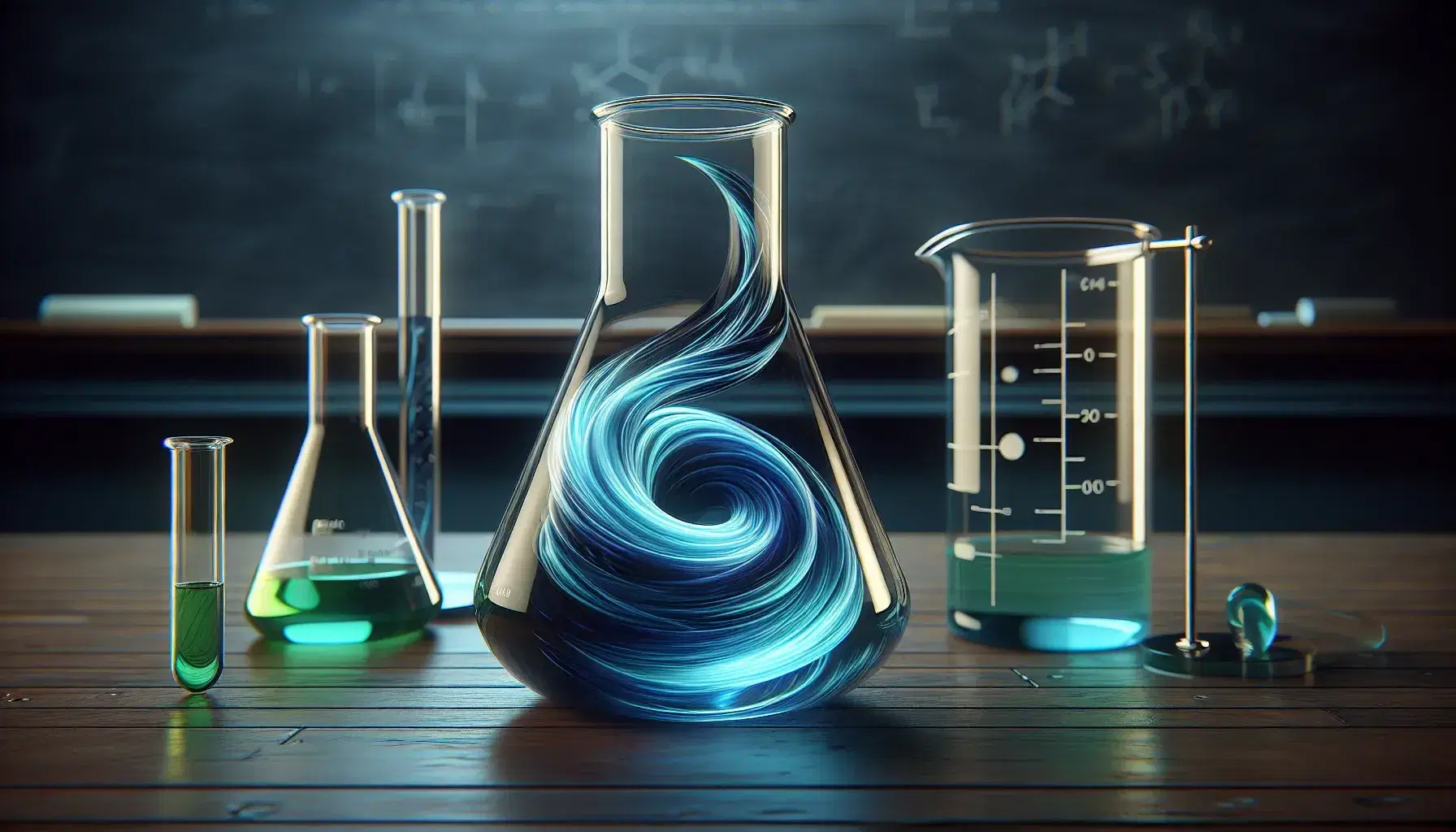 Clear glass flask with swirling deep blue liquid on a wooden table, surrounded by scientific glassware with colorful solutions, against a clean chalkboard background.