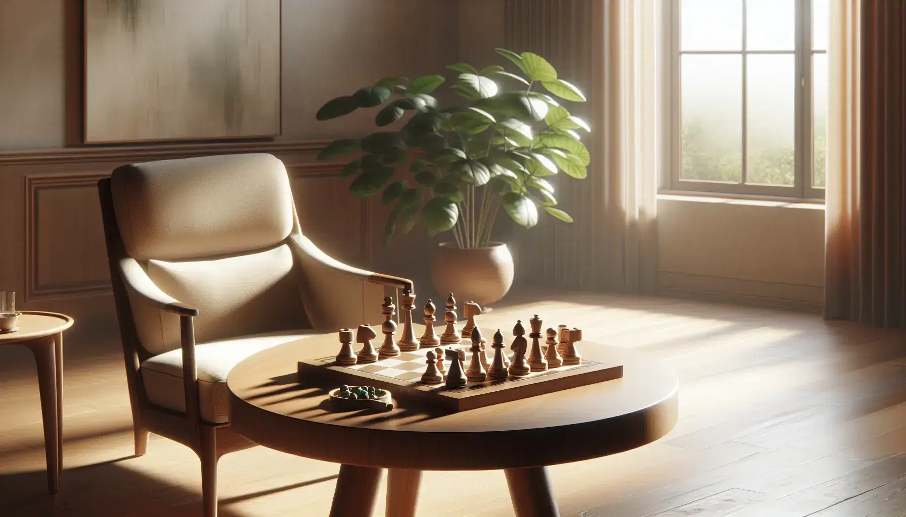 Wooden chess board with pieces ready for a game, round table, comfortable armchair and green plant in a naturally lit interior setting.