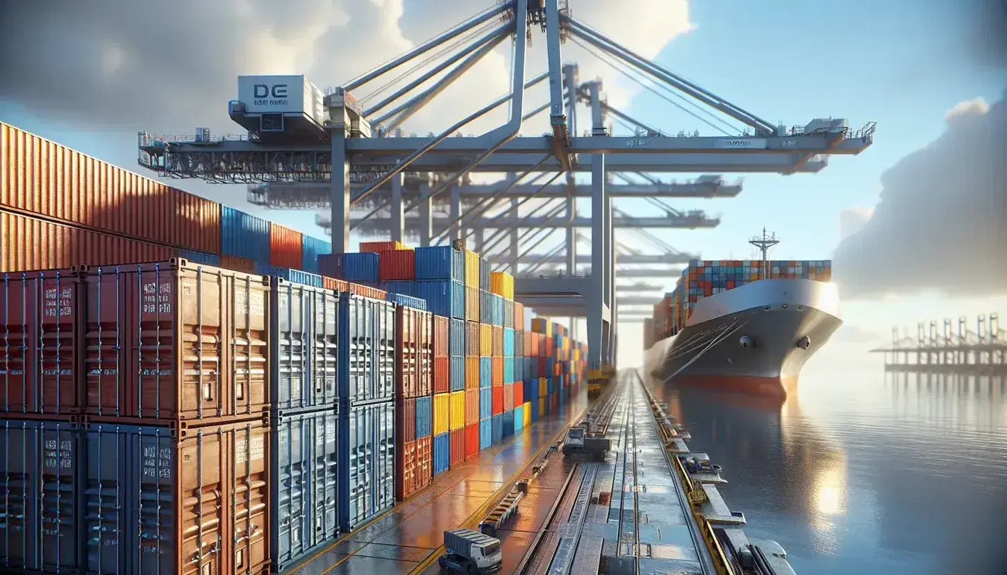 Contenedores de carga apilados en colores vivos en un puerto con grúa portuaria y barco de carga parcialmente visible bajo cielo nublado.