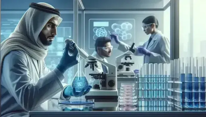 Modern laboratory with middle eastern scientist analyzing blue liquid in beaker, researcher at microscope and Asian female scientist with bottle on heater.