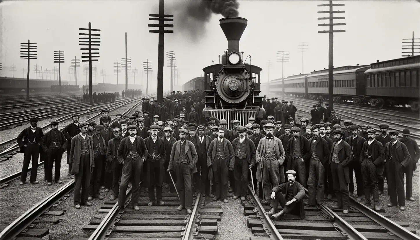 Historical black and white photo of the 1894 Pullman Strike with workers on railway tracks in front of an idle steam locomotive, symbolizing industrial protest.