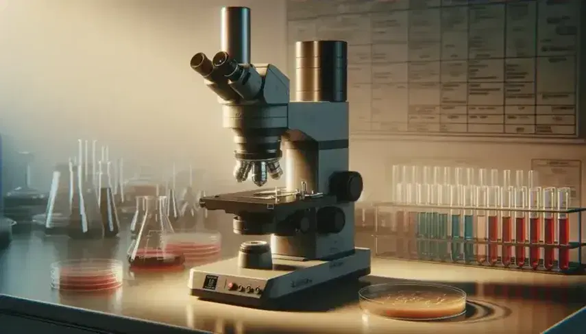 Microscopio elettronico a trasmissione grigio scuro su tavolo da laboratorio con piastre Petri e provette colorate sullo sfondo.