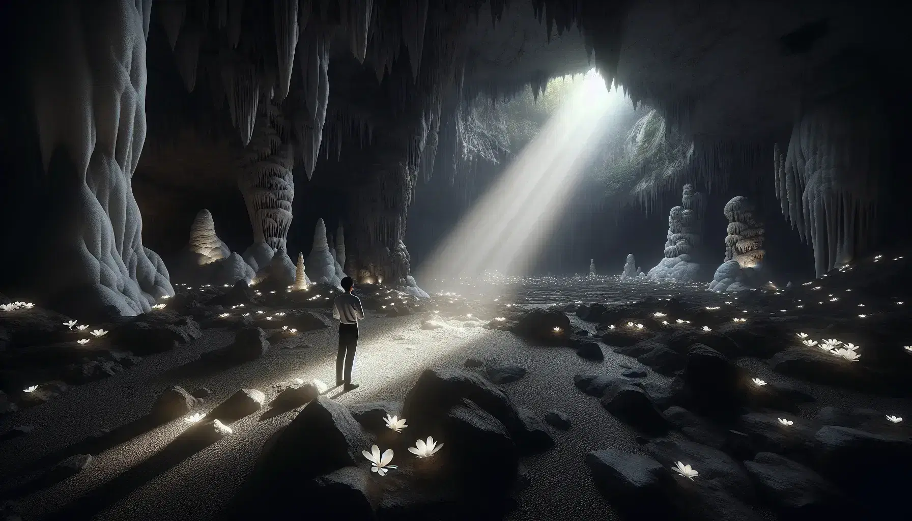 Grotta semibuia con fascio di luce naturale che illumina una figura umana contemplativa e fiori bianchi sul terreno roccioso.