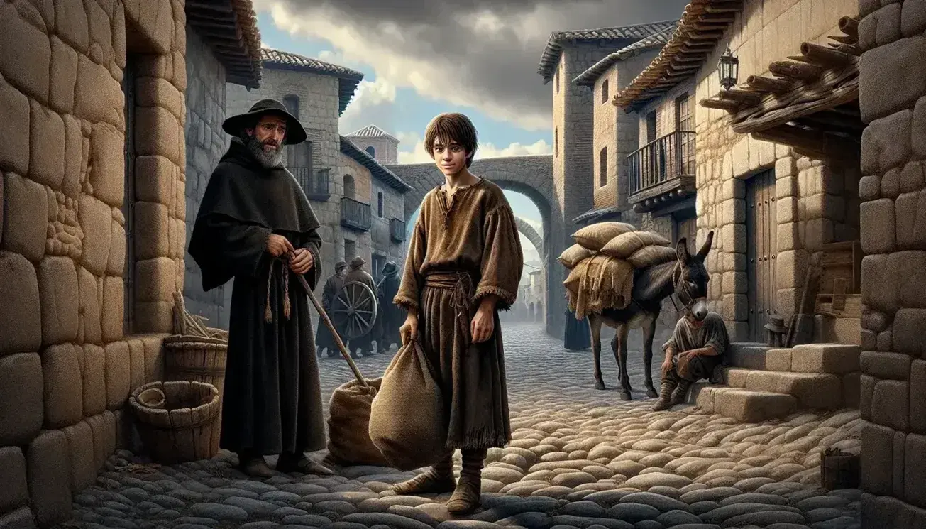 Escena del siglo XVI en España con joven humilde y clérigo en calle adoquinada, puente de piedra al fondo y burro cargado, cielo parcialmente nublado.