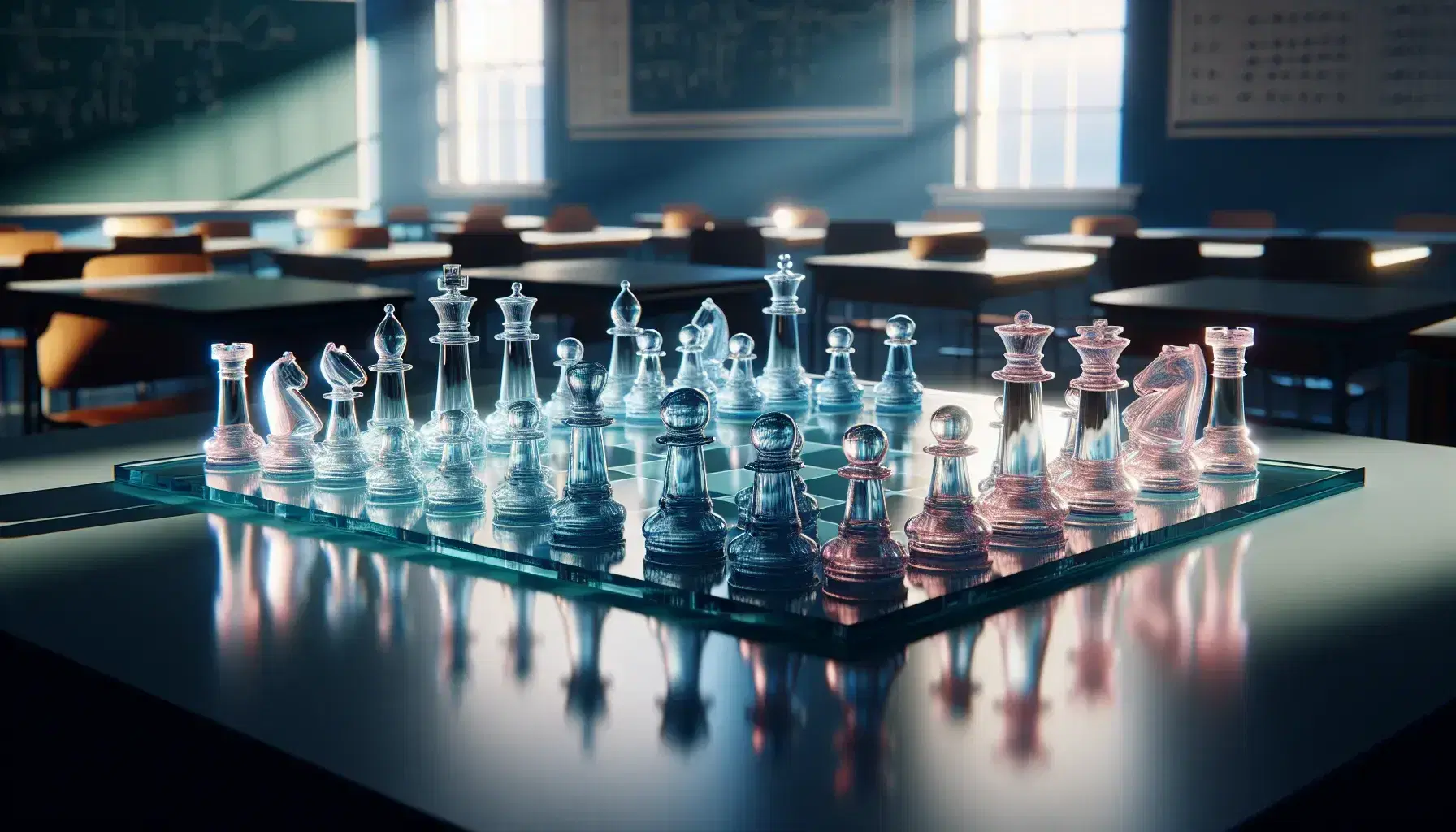 Transparent glass chessboard with blue and pink tinted pieces in a game, suspended above a blurred classroom background, reflecting soft light.