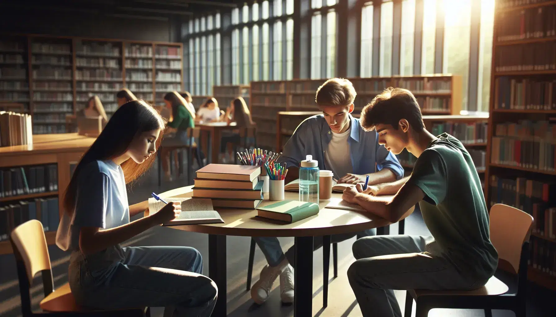 Estudiantes concentrados estudiando en biblioteca con libros y cuadernos sobre mesa redonda, luz natural entrando por ventana grande.