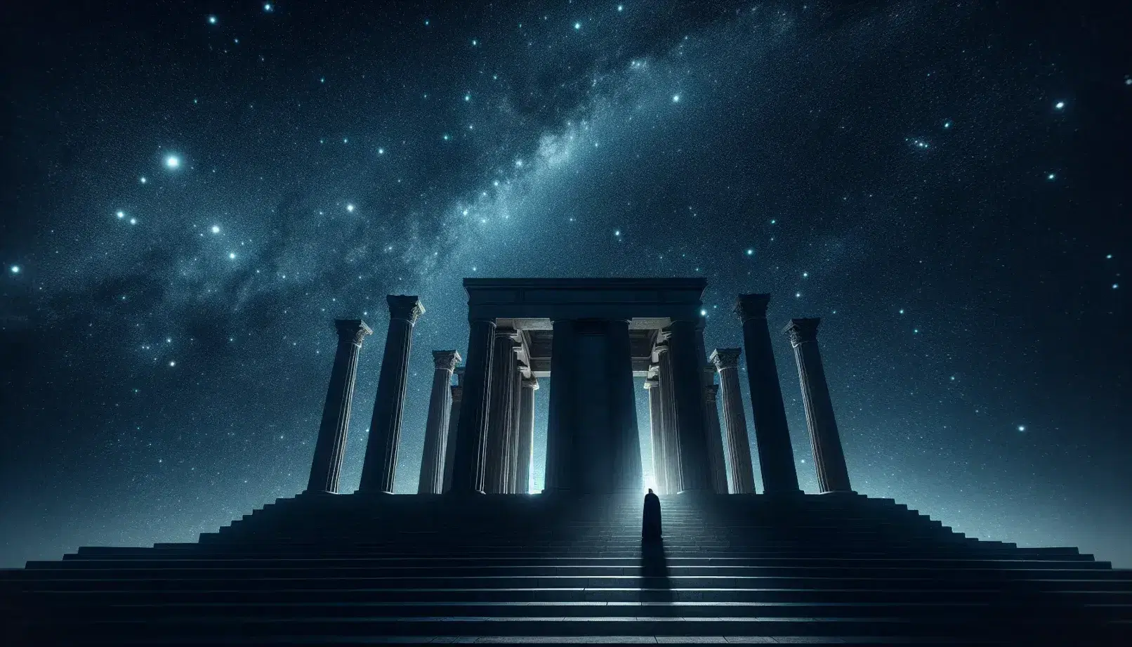 Cielo nocturno estrellado sobre silueta de observatorio griego antiguo con figura humana contemplando el cosmos.