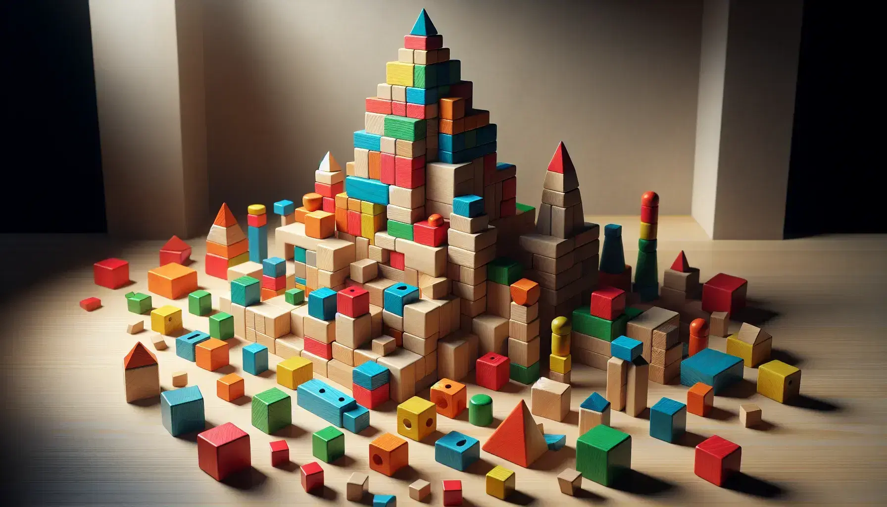 Bloques de madera de colores y formas geométricas variadas, incluyendo cubos y cilindros, formando una torre central con sombras suaves sobre superficie clara.
