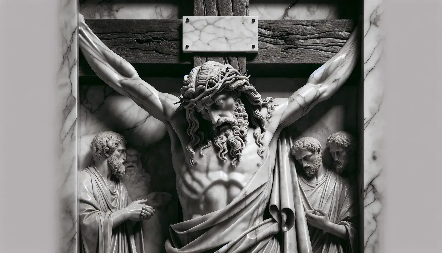 Scultura in marmo di Cristo crocifisso con figure dolenti ai lati, rifiniture lucide e croce in legno scuro, in contesto storico-architettonico sfocato.