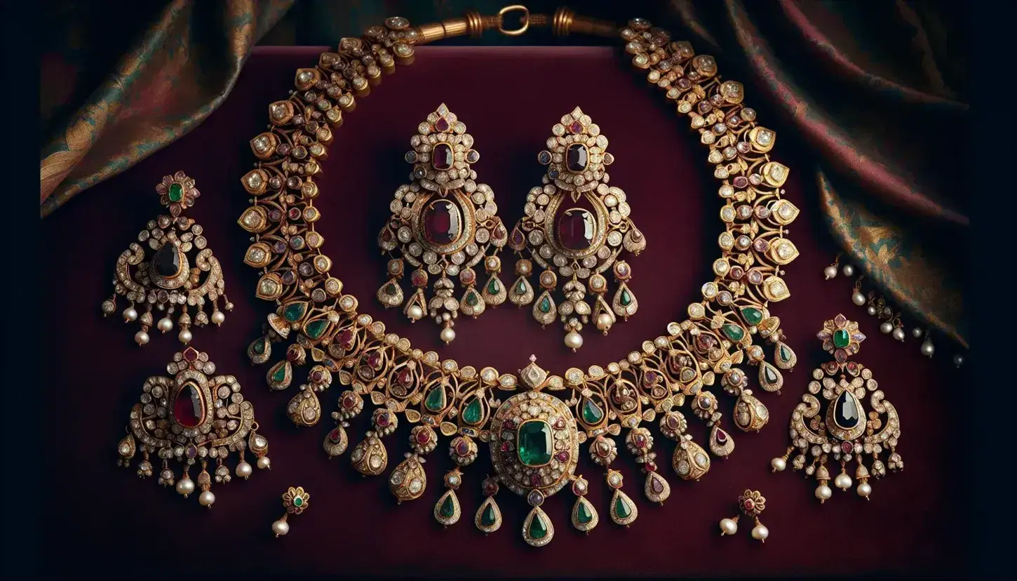 Mughal-era jewelry collection with diamond-studded gold necklace featuring emeralds and a central ruby, chandelier earrings, a sapphire and ruby bracelet, and a 'sarpech' turban ornament.