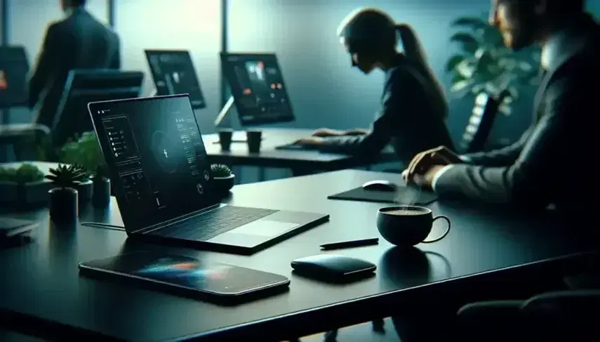 Modern office setup with a laptop, smartphone, and coffee mug on a desk, with two employees working in the background and a potted plant for decor.