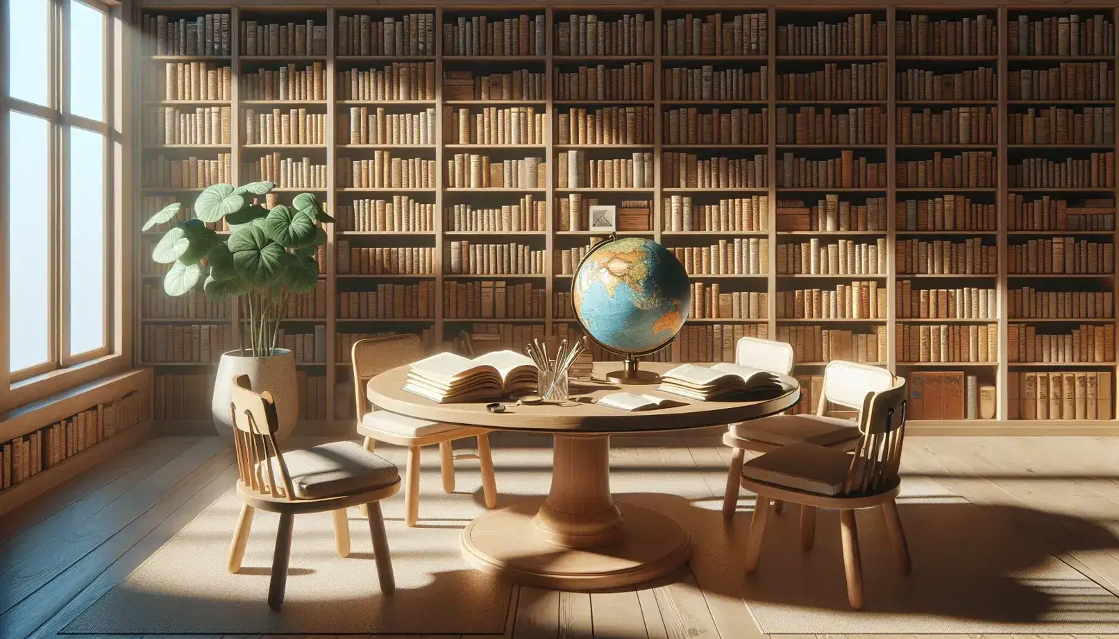 Biblioteca acogedora con estanterías de madera llenas de libros, mesa central con libros abiertos, lupa y globo terráqueo, y planta decorativa.