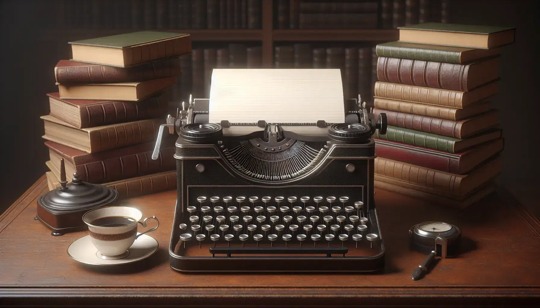Vintage typewriter with blank paper on a wooden desk, accompanied by a stack of books, a coffee cup, pencils, and an open notebook in a softly lit setting.