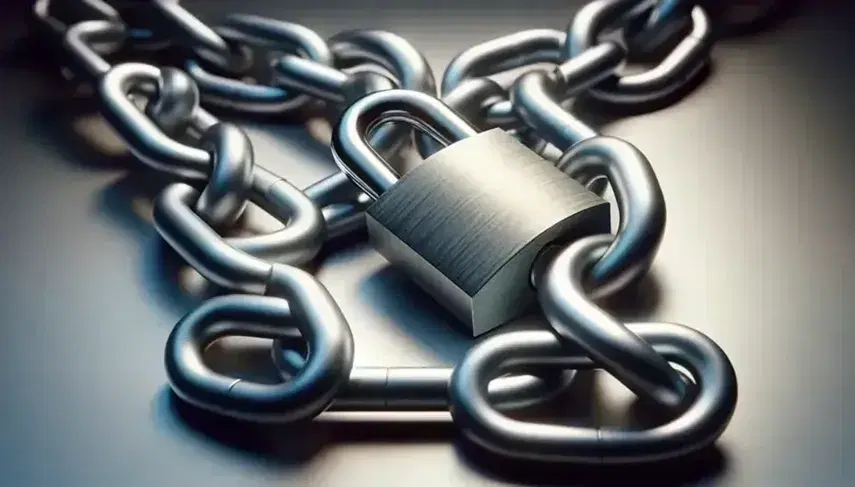 Close-up view of a brushed steel padlock secured on a thick metal chain, with a soft light reflecting off the interlocking links against a gradient background.