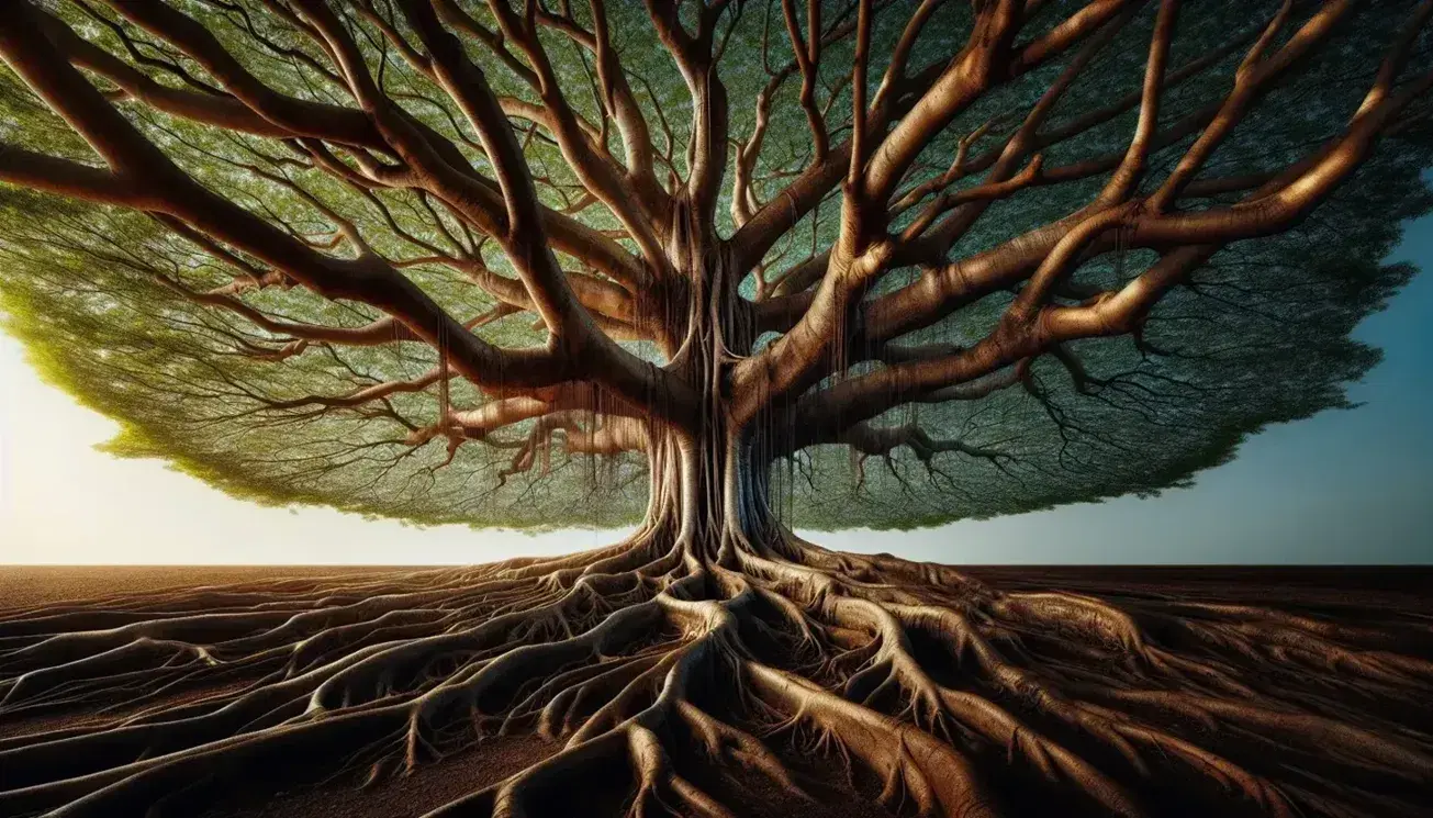 Albero maestoso con radici profonde, tronco robusto e rami che si diramano in foglie verdi su sfondo cielo azzurro.