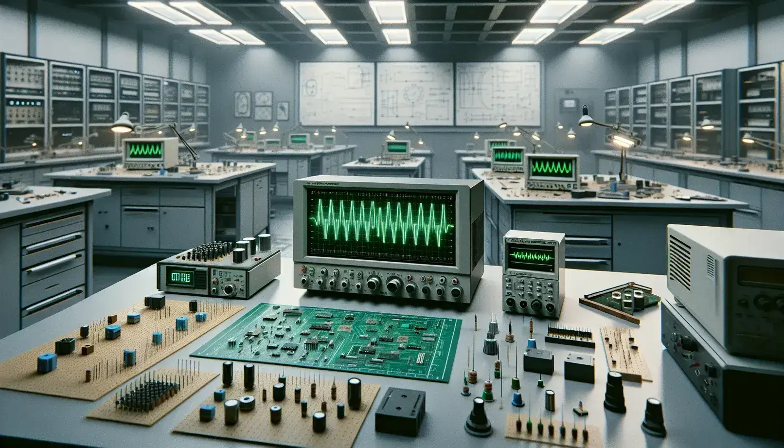 Laboratorio elettronico moderno con oscilloscopio digitale, traccia sinusoidale sullo schermo, componenti elettronici vari e mano che regola un potenziometro.