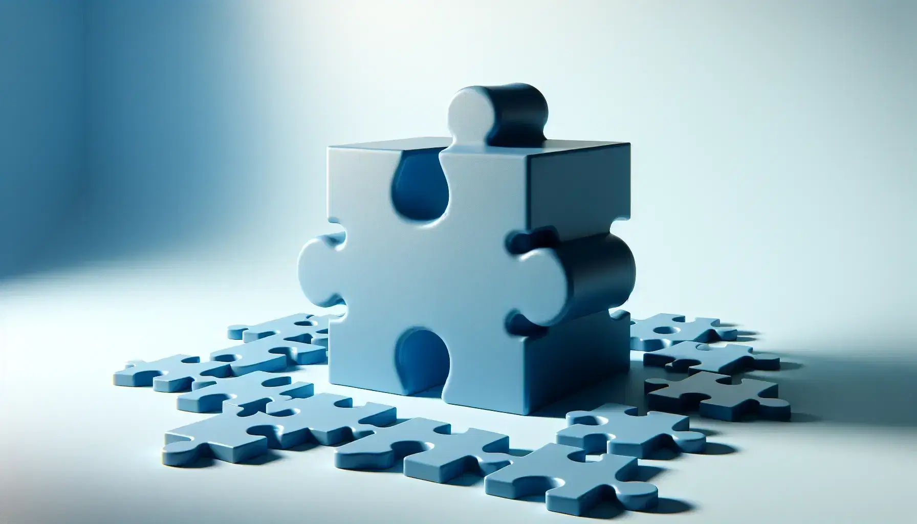 Dark blue three-dimensional puzzle piece in foreground on light surface with smaller pieces scattered around, lighting from left.