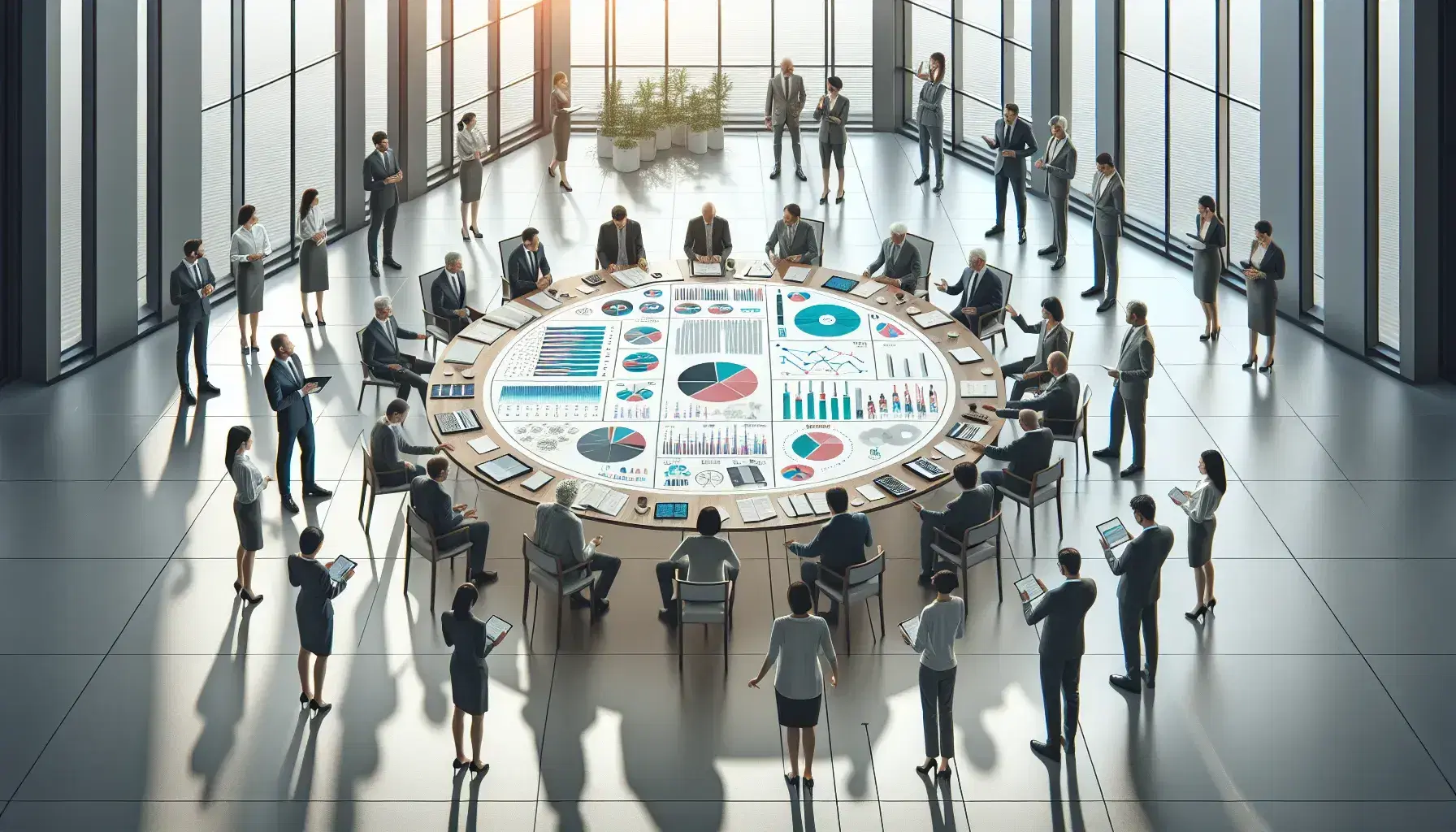 Grupo diverso de personas en reunión alrededor de una mesa redonda con gráficos, calculadoras y dispositivos electrónicos en una sala iluminada naturalmente.