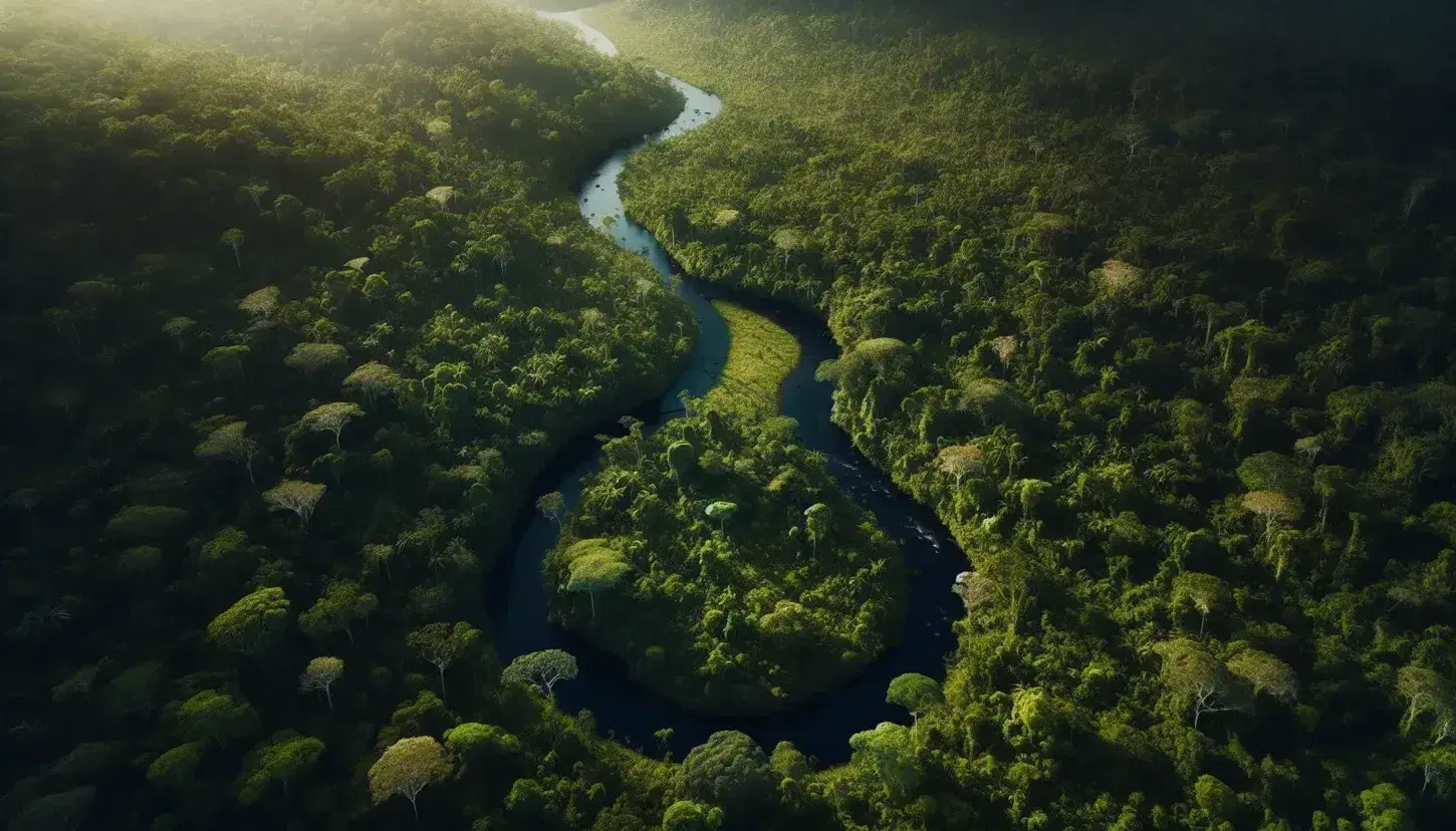 Vista aerea di una foresta pluviale rigogliosa con fiume serpeggiante blu scuro, varietà di verdi della vegetazione e nessun segno di intervento umano.