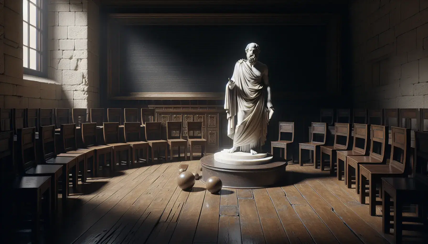 Statua marmorea di Socrate in aula antica con sedie in legno scuro, tavolo con oggetti geometrici e luce naturale che crea chiaroscuro.
