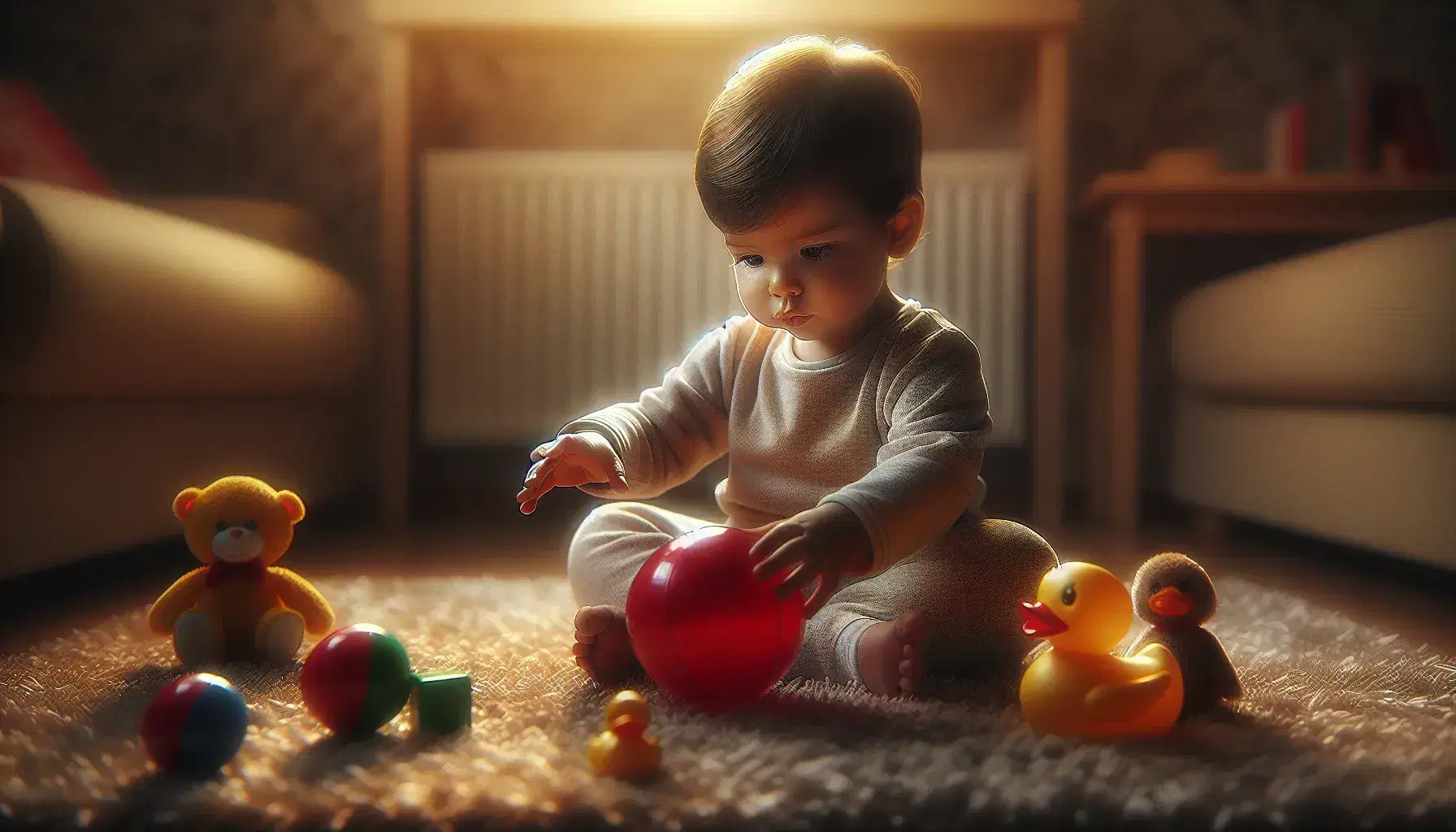 Toddler on textured rug reaching for red ball and yellow duck toy in a warm, inviting playroom setting.