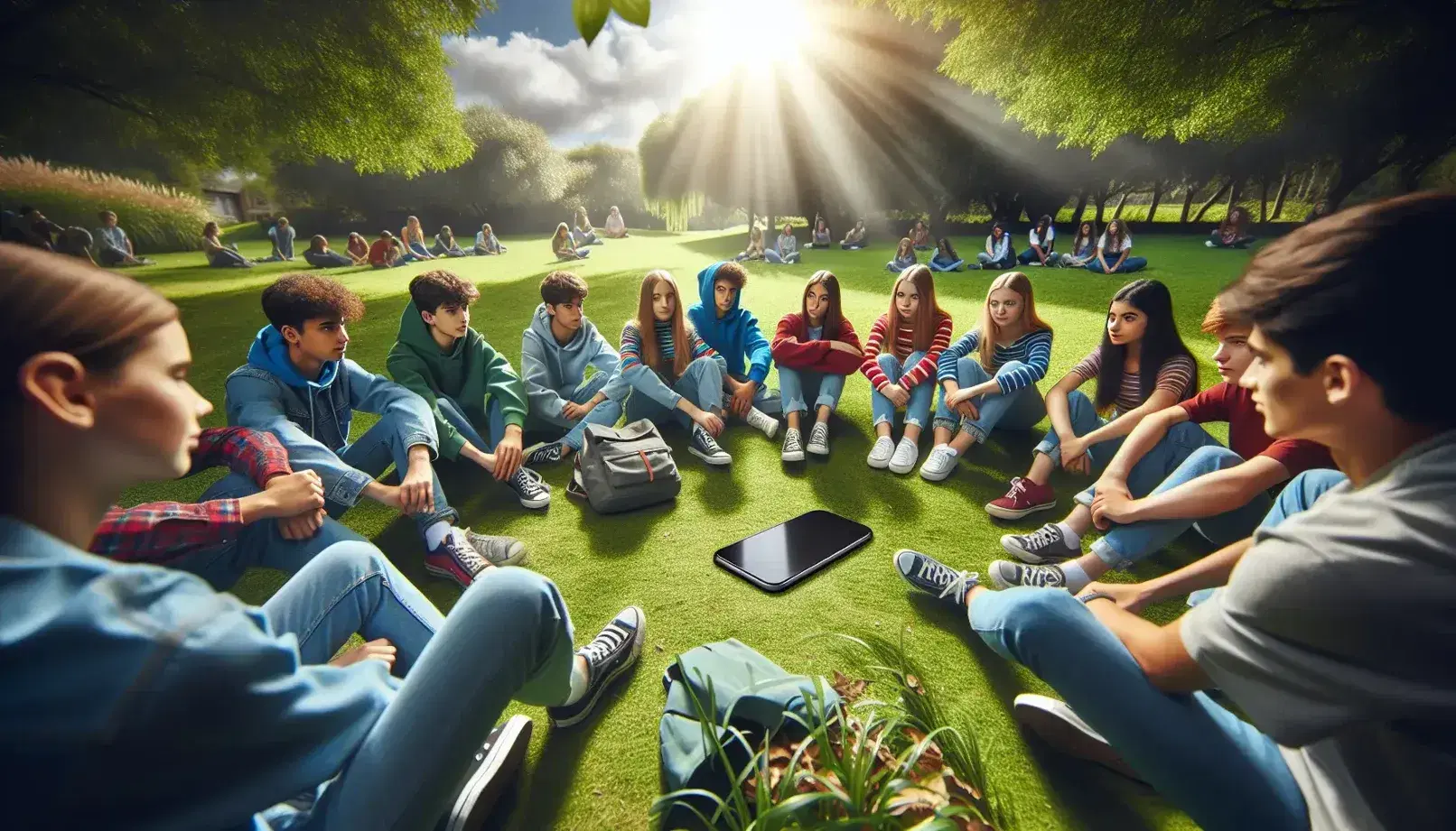 Gruppo eterogeneo di adolescenti seduti in cerchio su un prato, concentrati su uno smartphone al centro, con alberi e cielo azzurro sullo sfondo.