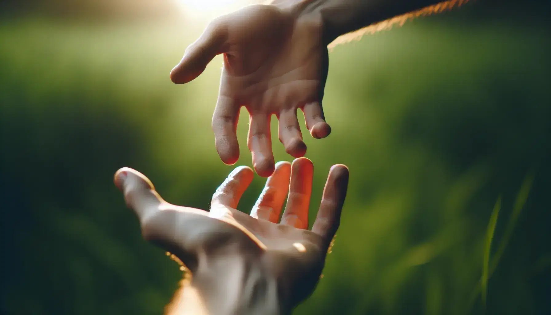 Two hands about to touch each other, one offering help with palm up and the other looking for help, on a blurred green background.