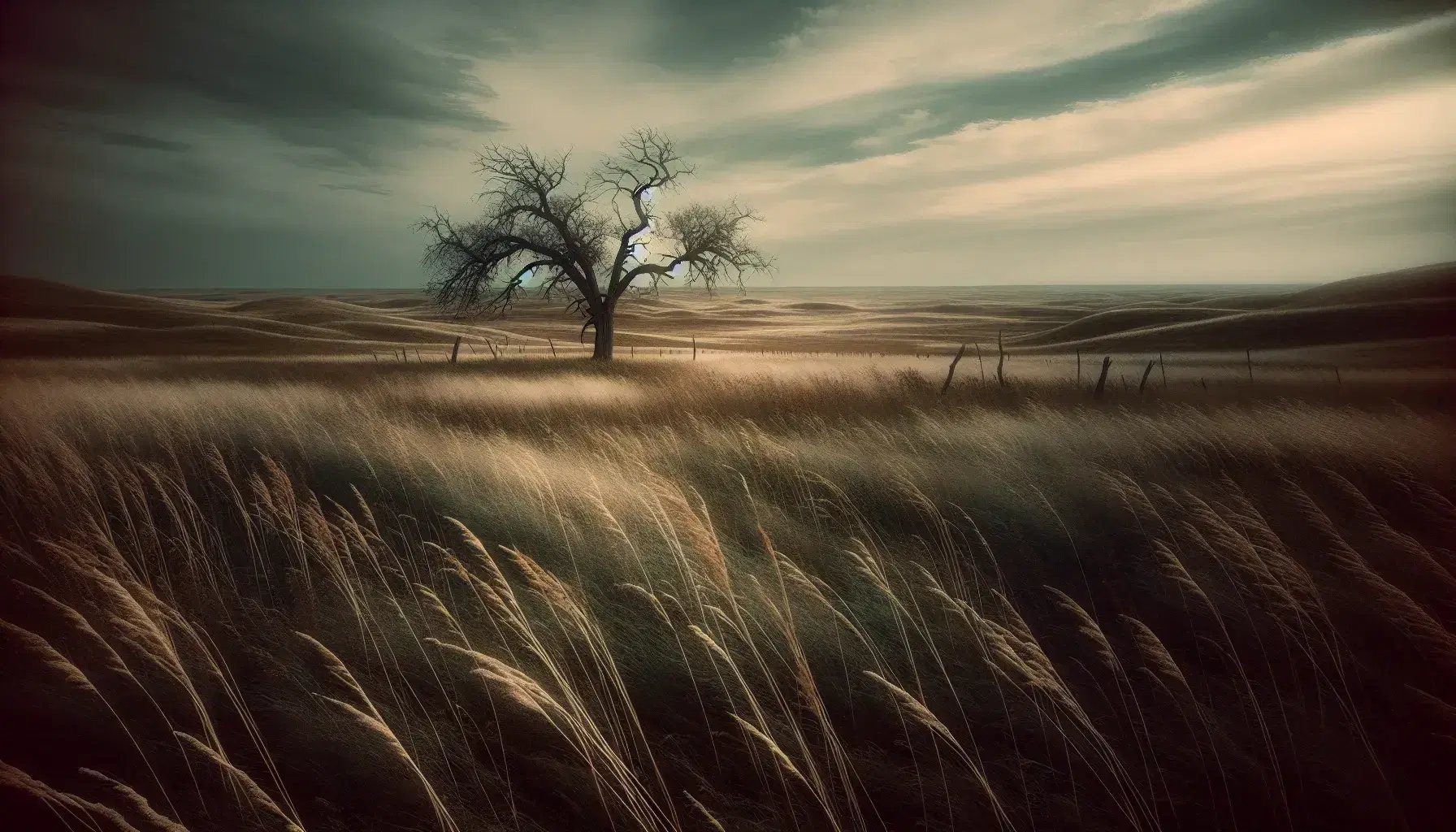 Tranquil prairie landscape at Sand Creek Massacre site with a lone barren tree, rolling grassland, and overcast sky, evoking historical solemnity.