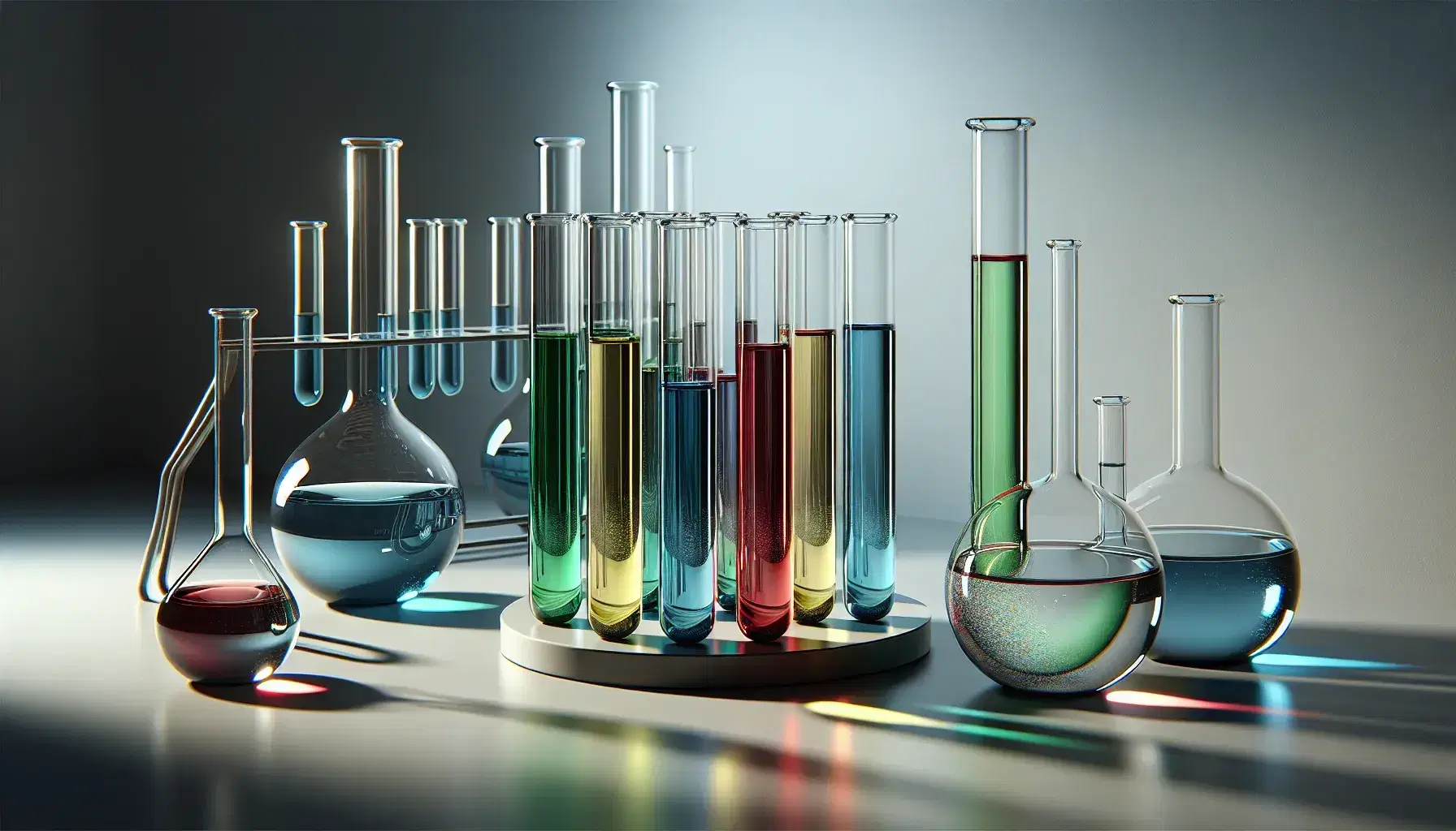 Tubos de ensayo de vidrio con líquidos de colores azul, verde, amarillo y rojo en fila sobre superficie blanca, con soporte metálico detrás y parte de un matraz Erlenmeyer transparente a la derecha.