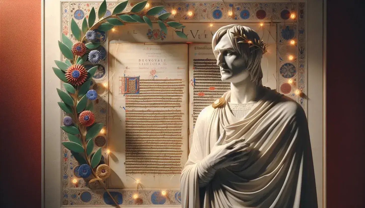 Statua in marmo di Dante Alighieri con libro aperto e mano sul petto, manoscritto medievale e ramoscello di alloro sullo sfondo.